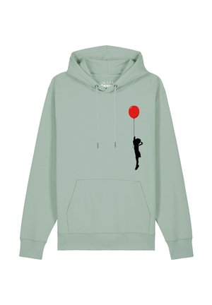 Hellgrüner Hoodie mit Fronttasche, auf der sich eine schwarze Silhouette eines Kindes mit rotem Ballon auf der Brust befindet.