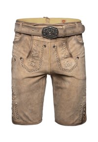 Perinteiset vaaleanruskeat nahka-lederhosenit, joissa on yksityiskohtainen kukkaembroidery, sivunapit, etutaskut ja vyö, jossa on hirvenembleemilla varustettu solki.