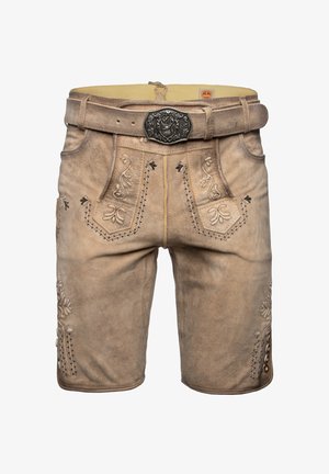 Traditional beige leather lederhosen with detailed floral embroidery, side buttons, front pockets, and a belt featuring a deer emblem buckle.