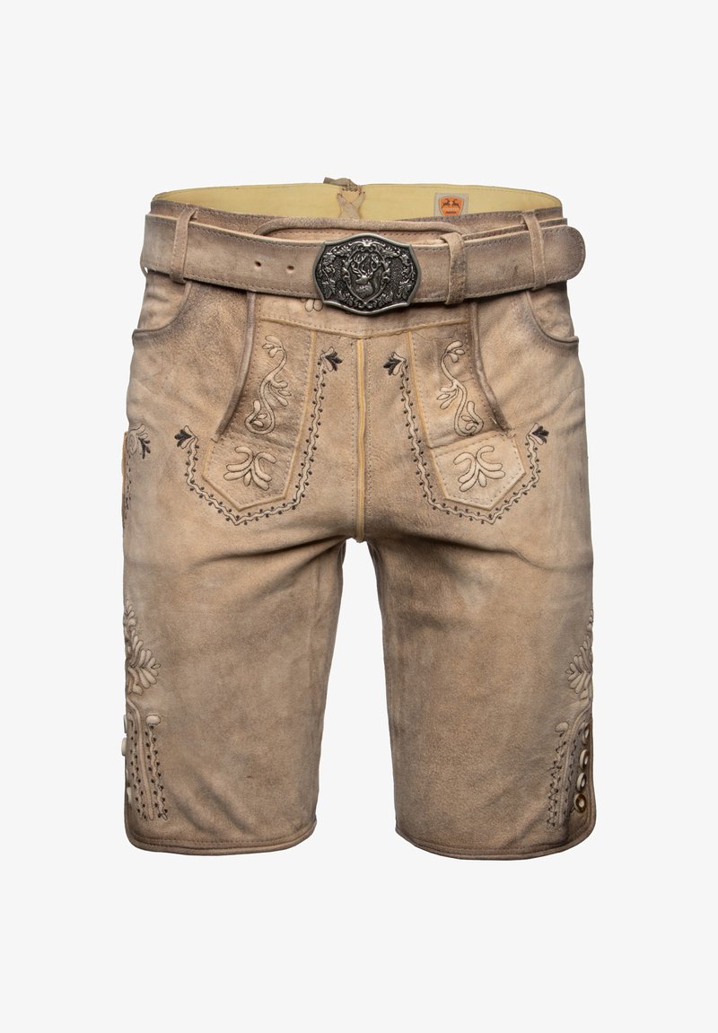 Tradiční béžové kožené lederhosen s detailním květinovým vyšíváním, bočními knoflíky, předními kapsami a opaskem s přezkou s jelením emblémem.
