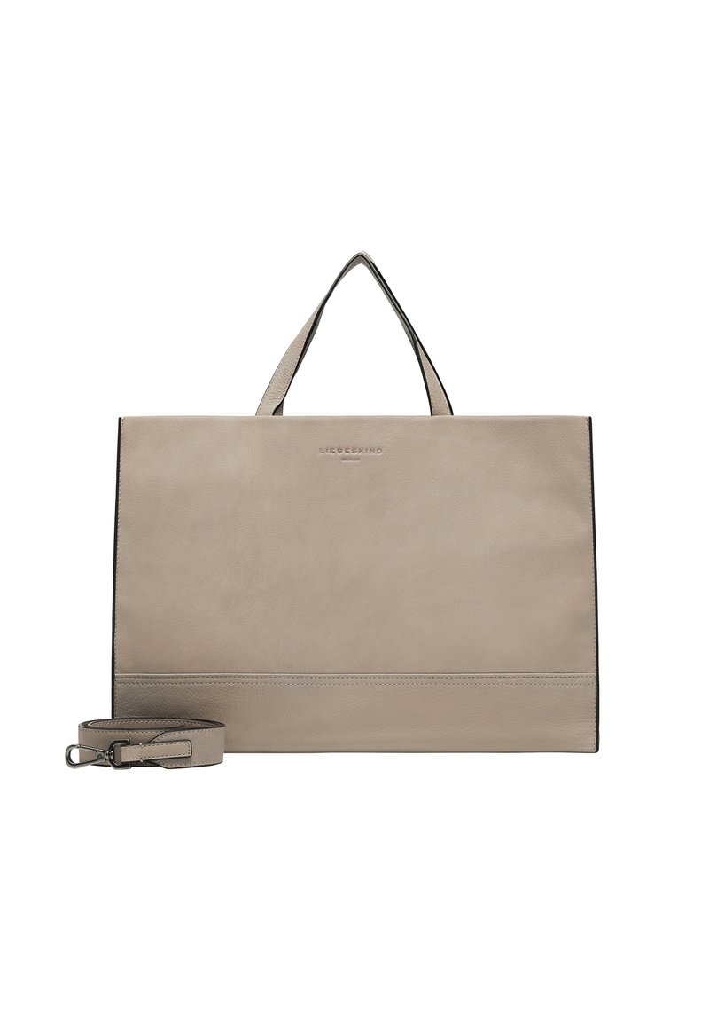 Graue Leder-Totetasche mit zwei Griffen und abnehmbarem Schulterriemen. Verfügt über eine glatte Textur und dezente Nähte entlang der Unterkante.
