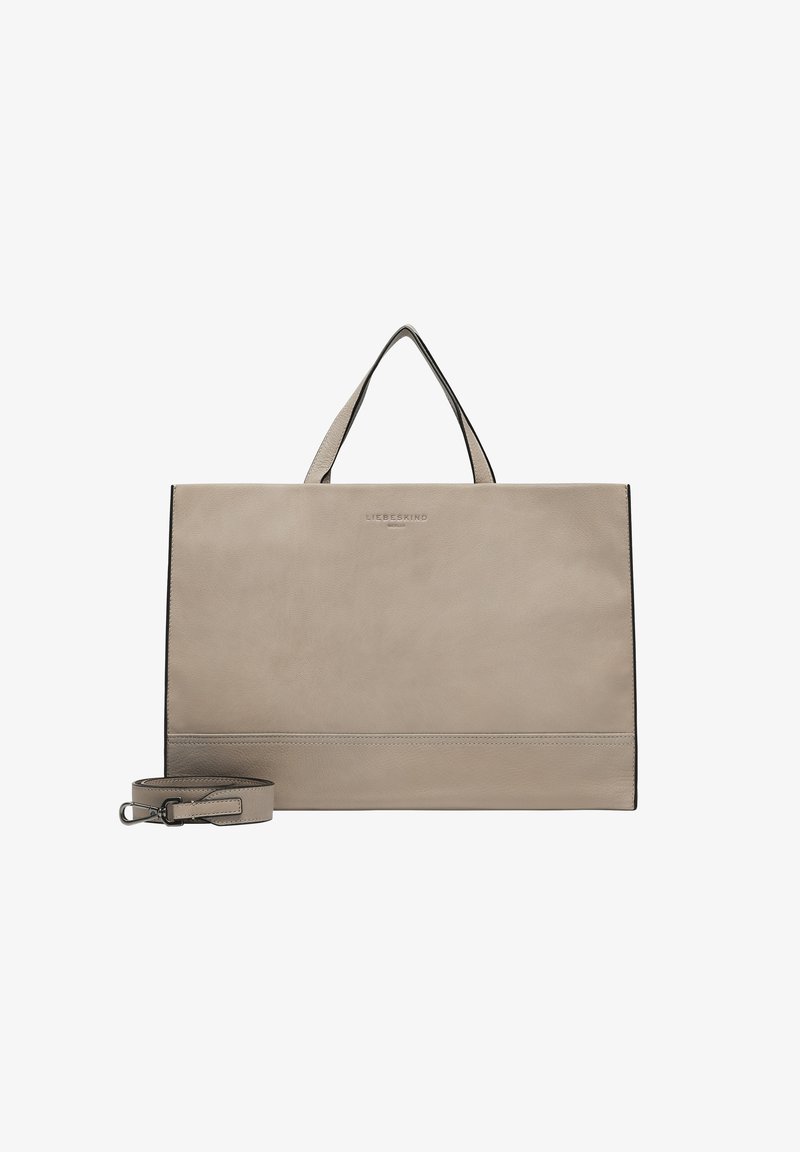 Graue Leder-Totetasche mit zwei Griffen und abnehmbarem Schulterriemen. Verfügt über eine glatte Textur und dezente Nähte entlang der Unterkante.