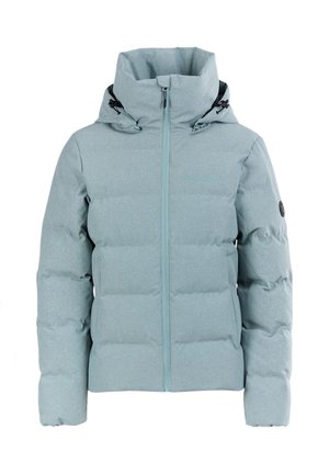 Giacca puffer azzurro chiaro con colletto alto, chiusura con zip, cappuccio regolabile e tasche laterali. Presenta un design trapuntato e una patch con logo.