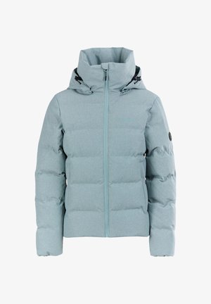 Lyseblå pufferjakke med høj krave, lynlåslukning, justerbar hætte og sidelommer. Har quiltet design og et logo-patch.