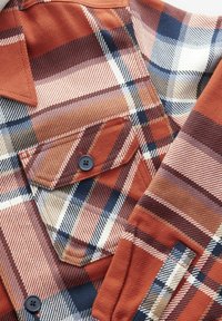 Geruite shirt in roest, blauw en roomkleurige tinten. Met een puntkraag en een borstzak met een donkere knop. Textuurstof.