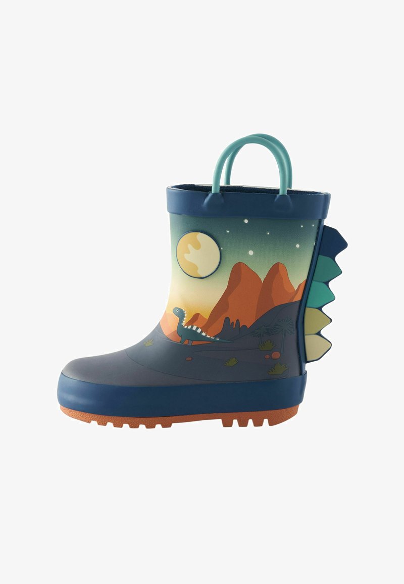 Botte de pluie en caoutchouc bleue avec un motif de dinosaure, des montagnes et un design de lune. Comprend des accents texturés verts et deux poignées.