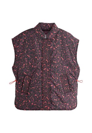 Ärmellose gesteppte Weste mit rotem und schwarzem abstraktem Leopardenmuster, hohem Kragen, zwei vorderen Taschen und seitlichen verstellbaren Kordeln.