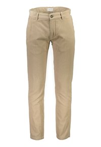 Beige corduroy pants with a slim fit design, featuring a zip fly, button closure, and two front pockets. Textured fabric and straight leg cut.