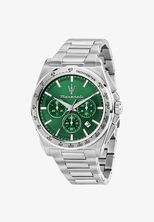 Edelstahl-Maserati-Armbanduhr mit grünem Zifferblatt, Tachymeterlünette, drei Totalisatoren, Datumsanzeige und Metallgliedarmband.