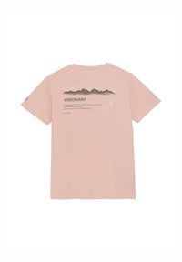 Rosa Baumwoll-T-Shirt mit Berggrafik und Text auf dem Rücken. Kurze Ärmel, runder Ausschnitt und weiche Textur.