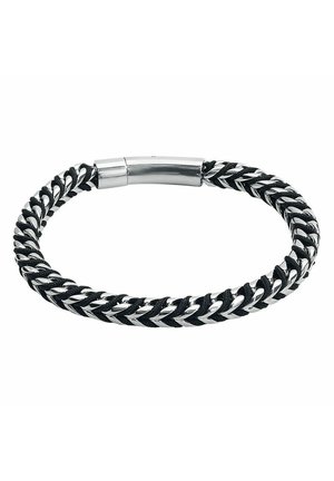 Braided black leather bracelet with silver metal chain woven throughout and a polished silver magnetic clasp.
