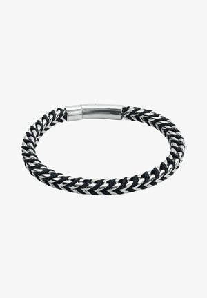 Geflochtenes schwarzes Lederarmband mit eingearbeiteter silberner Metallkette und einem polierten silbernen Magnetverschluss.
