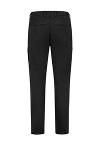 Black cargo pants with a straight fit, featuring two back pockets and side pocket, made from durable fabric with a smooth texture.