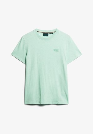 Lichtgroene katoen t-shirt met korte mouwen, ronde halslijn en een klein logo-detail op de linkerborst. Zachte textuur.