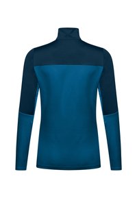 Maglia sportiva a maniche lunghe in blu scuro e teal, con colletto alto e design a pannelli a contrasto. Tessuto morbido con maniche aderenti.
