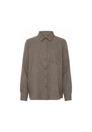 Brown button-down shirt made of textured fabric, featuring a collar, long sleeves, and a single left chest pocket with vertical stripes.