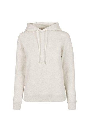 Light gray hoodie made of soft fabric, featuring a front kangaroo pocket, drawstring hood, and ribbed cuffs and hem.
