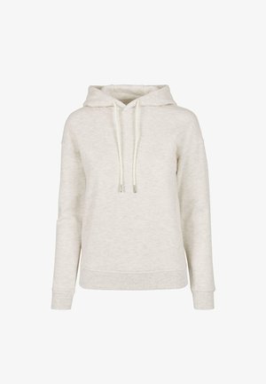 Lys grå hættehætte lavet af blødt stof, med en front kangaroo lomme, snoretræk ved hætten og ribbede manchetter og kant.