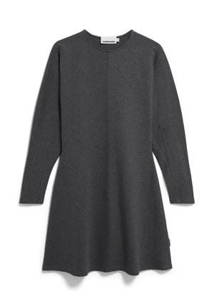 Langärmliges, graues Kleid aus weichem Stoff mit rundem Ausschnitt, A-Linie Silhouette und einem subtilen Nahtdetail an der Vorderseite.