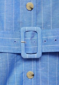 Tessuto a strisce blu con una grande fibbia rettangolare e un unico bottone rotondo. La texture è liscia con una leggera lucentezza.