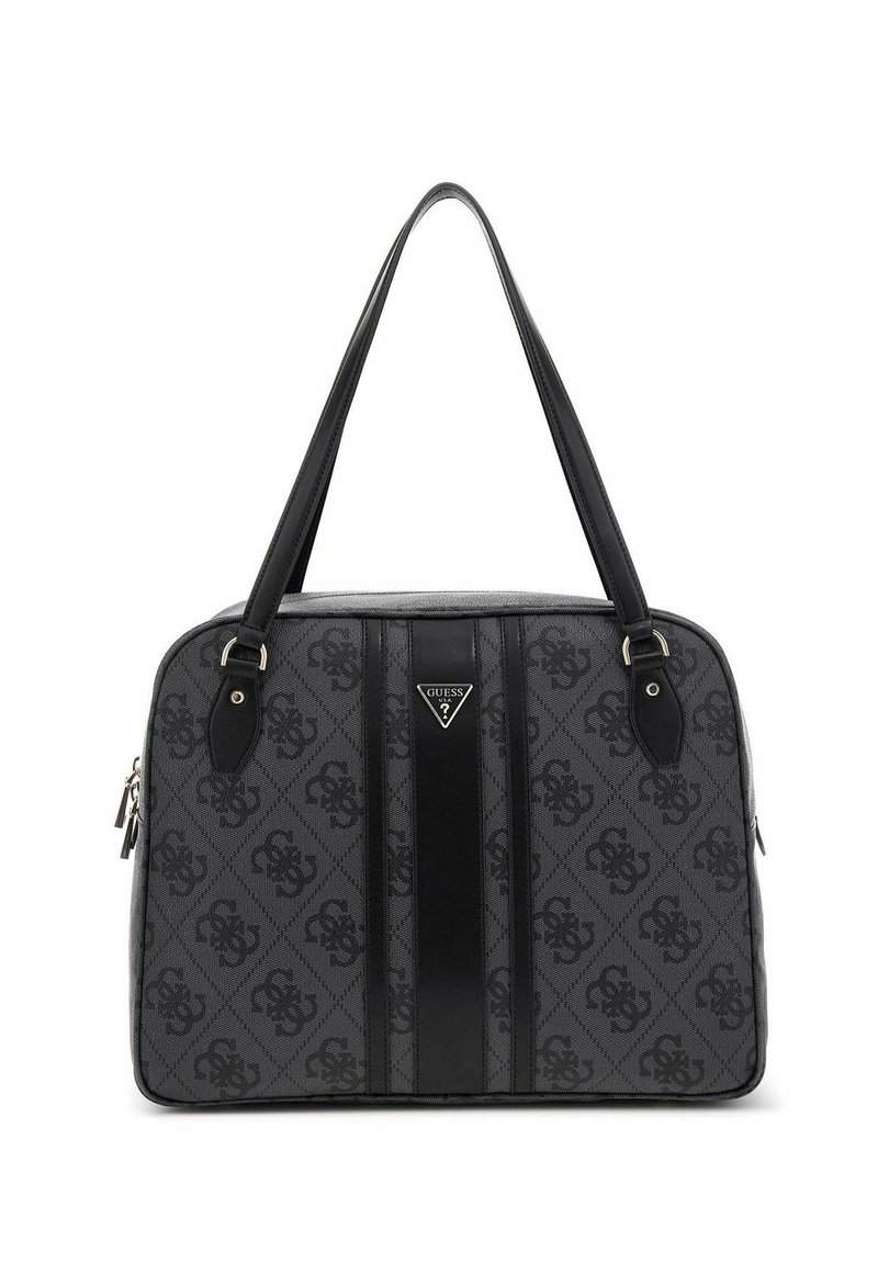 Sac à main à motifs gris avec des accents noirs, en matériau synthétique lisse, doté de deux poignées et d'un logo de marque bien visible à l'avant.