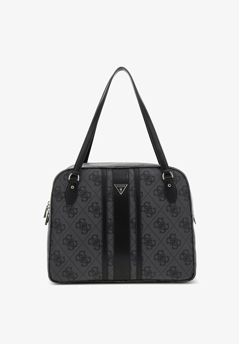 Sac à main à motifs gris avec des accents noirs, en matériau synthétique lisse, doté de deux poignées et d'un logo de marque bien visible à l'avant.