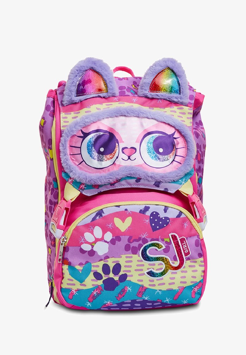 Zaino multicolore con una faccia di gatto in peluche, orecchie morbide e accenti scintillanti. Presenta vari motivi, cuori e impronte di zampe.