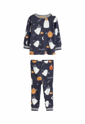 Kinder-Langarmshirt und Hose in Dunkelblau mit verspieltem Halloween-Print mit weißen Gespenstern, orangefarbenen Kürbissen, Fledermäusen und Halbmond.
