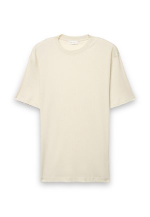 Kurzärmeliges, geripptes T-Shirt in hellem Cremefarben, Rundhalsausschnitt und weicher Textur, mit gerade geschnittenem Saum. Minimalistisches Design.