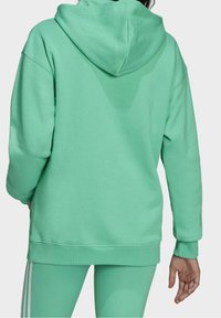 Mintgrön hoodie med dragsko i huvan, uppvikta ärmar och ett mjukt, strukturerat tyg. Har en avslappnad passform och sömdetaljer på baksidan.