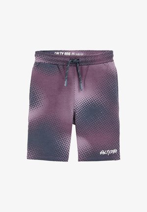 Purpursarkani un tumši zili šorti ar punktu rakstu, aprīkoti ar elastīgu jostasvietu, auklu un logotipu apakšējā priekšējā daļā.