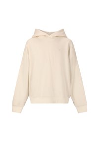 Cremefarbener Kapuzenpullover aus weichem Material. Mit lockerer Passform, langen Ärmeln und einem kleinen Logo auf der Vorderseite.