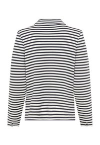 Langärmliges Hemd mit navyblauen und weißen horizontalen Streifen. Verfügt über einen Kragen und Ärmel mit Bündchen. Das Material wirkt weich mit einer glatten Textur.