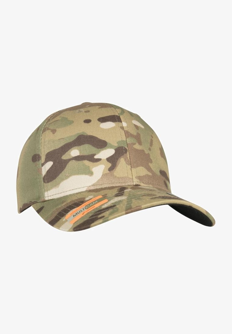 Camouflage baseball cap in shades of green, brown, and beige. Features a curved visor and a multicolored logo patch on the front.
