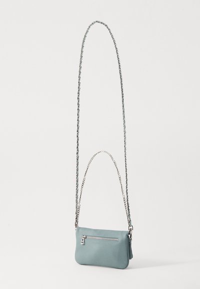 Leder-Crossbody-Tasche in Hellblau mit strukturierter Oberfläche. Verfügt über einen silbernen Kettenriemen und eine zusätzliche Reißverschlusstasche auf der Vorderseite.