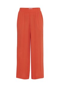 Fluid, vida benbyxor i livlig orange, med en elastisk midja och mjuk struktur. Inga mönster eller synliga detaljer i hårdvara.