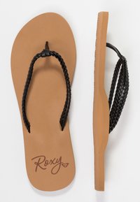 Ruskeat flip-flopit, joissa on teksturoidut pohjat, mustat punotut hihnat ja Roxy-logo painettuna ruskeana sisäpohjaan. Litteä, minimalistinen muotoilu.