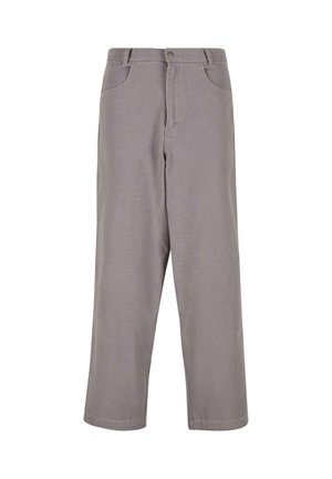 Pantalons en coton gris à coupe droite, avec poches avant et fermeture à bouton. Le tissu semble lisse avec une légère texture.