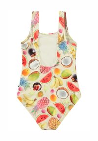 Eénstuk badpak met een fruitpatroon van watermeloenen, bananen, ananassen en kokosnoten op een crèmekleurige achtergrond. Soepele stof.