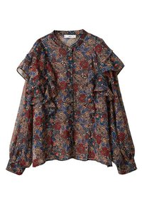 Blouse longue transparente à manches longues avec des volants, présentant un motif floral et cachemire multicolore en tons rouges, bleus et bruns.