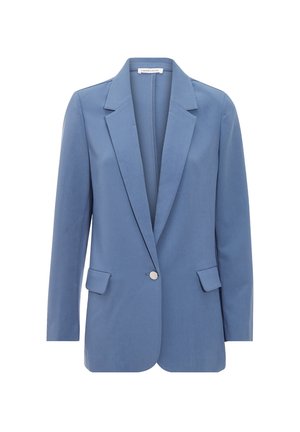 Blazer bleu à un seul bouton avec revers crantés, poches à rabat, manches longues et ourlet droit.