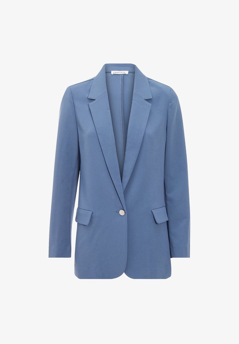 Blazer bleu à un seul bouton avec revers crantés, poches à rabat, manches longues et ourlet droit.