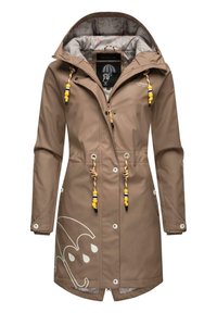 Waterproof brown coat with a drawstring hood, white umbrella graphic, and decorative yellow and black beads on the zipper pulls.