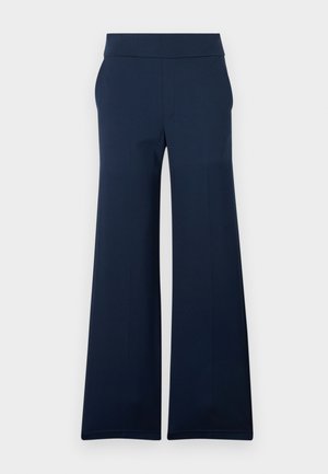Pantalon large bleu marine avec une taille ajustée et un pli marqué à l'avant, présenté sur un fond blanc uni.