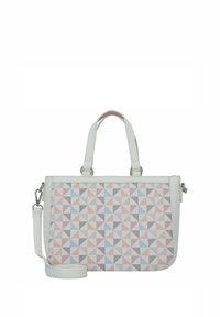 Borsa bianca con un motivo geometrico di triangoli rosa, blu e neri. Presenta doppi manici e una tracolla rimovibile. Finitura testurizzata.