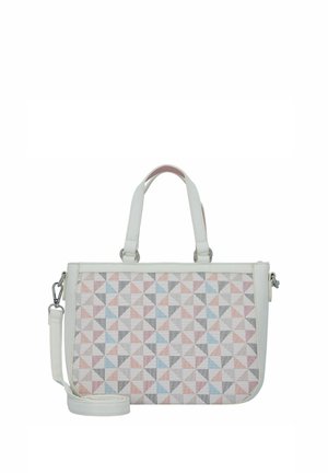 Sac à main blanc avec un motif géométrique de triangles roses, bleus et noirs. Il possède des poignées doubles et une bandoulière détachable. Fini texturé.