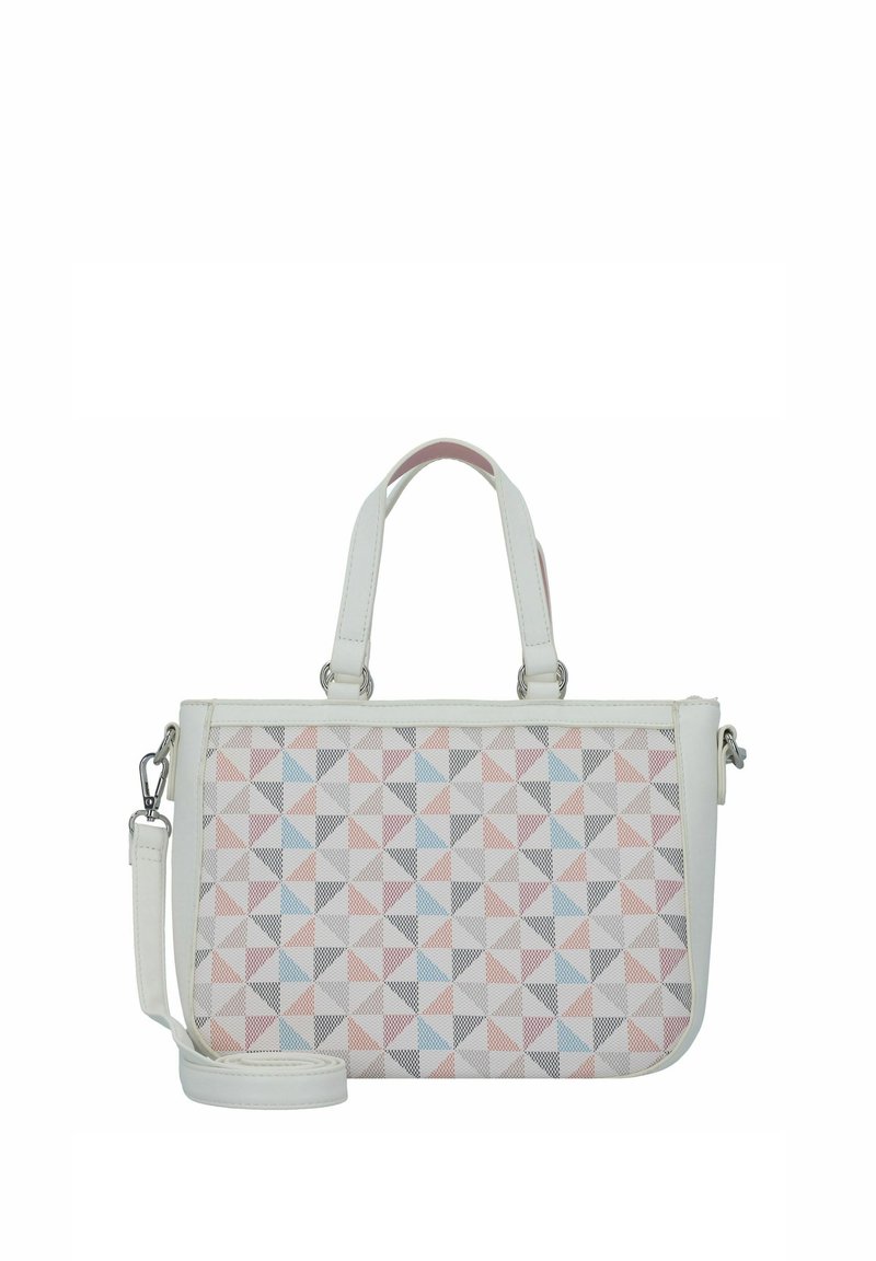 Borsa bianca con un motivo geometrico di triangoli rosa, blu e neri. Presenta doppi manici e una tracolla rimovibile. Finitura testurizzata.