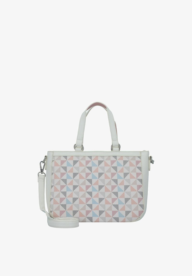Borsa bianca con un motivo geometrico di triangoli rosa, blu e neri. Presenta doppi manici e una tracolla rimovibile. Finitura testurizzata.