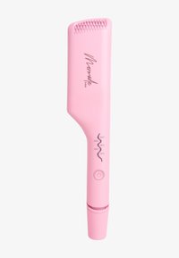 Herramienta de peinado rosa con un diseño plano, ajustes de temperatura indicados en el lateral y un agarre texturizado para un mejor manejo.
