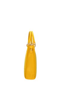 Borsa a tracolla in pelle gialla con lato testurizzato, manici doppi e finiture in oro. Forma rettangolare elegante con una finitura liscia.